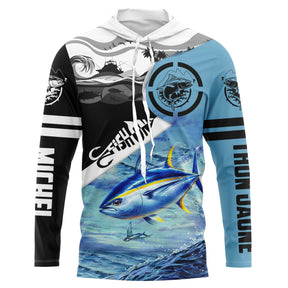 T-shirt anti UV à capuche pêche thon jaune Fish On Tahiti, moitié noire avec palmier et moitié turquoise avec thon, prénom