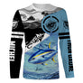 T-shirt manches longues pêche thon jaune Fish On, prénom brodé manche, vêtement halieutique unisexe