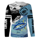 T-shirt manches longues pêche thon jaune Fish On, prénom brodé manche, vêtement halieutique unisexe