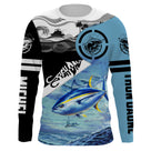 T-shirt anti UV manches longues pêche thon Fish On, design bicolore noir turquoise, vêtement halieutique pour pêcheur