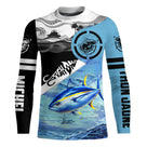 Tee shirt anti UV pêche thon Fish On vue dos, motif bicolore Tahiti, vêtement technique pour pêcheur big game