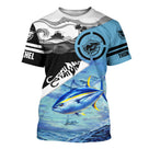 T-shirt manches courtes pêche thon Tahiti, design moitié noire palmier et moitié turquoise thon, accessoire personnalisable