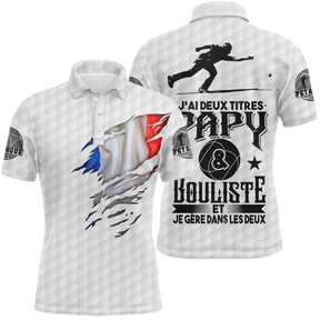 Polo papy pétanque blanc tricolore avec drapeau France et silhouette bouliste, lettrage Deux titres Papy Bouliste