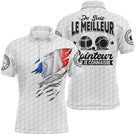 Polo pétanque blanc avec drapeau France déchiré et slogan Je suis le meilleur pointeur, casque graphique central