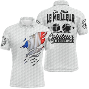 Polo pétanque blanc avec drapeau France déchiré et slogan Je suis le meilleur pointeur, casque graphique central