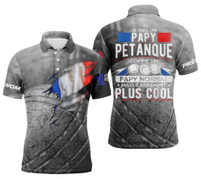 Polo pétanque gris béton drapeau français déchiré tricolore message papy pétanque comme papy normal carrément plus cool
