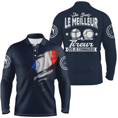 Polo pétanque variante coloris assorti tricolore, drapeau France meilleur tireur