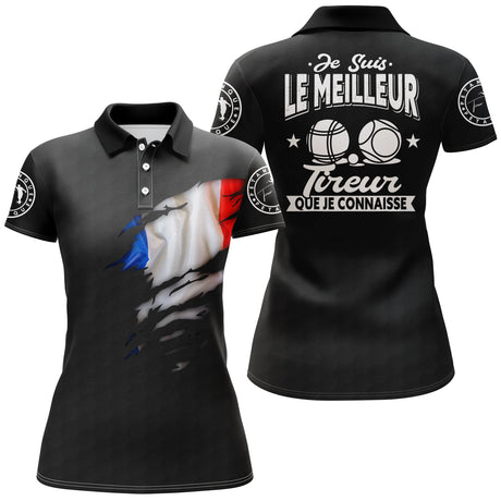 Polo Pétanque Homme Femme, Cadeau Humour Bouliste, Drapeau France, Le Meilleur Tireur - CT22122212 Polo Femme Noir