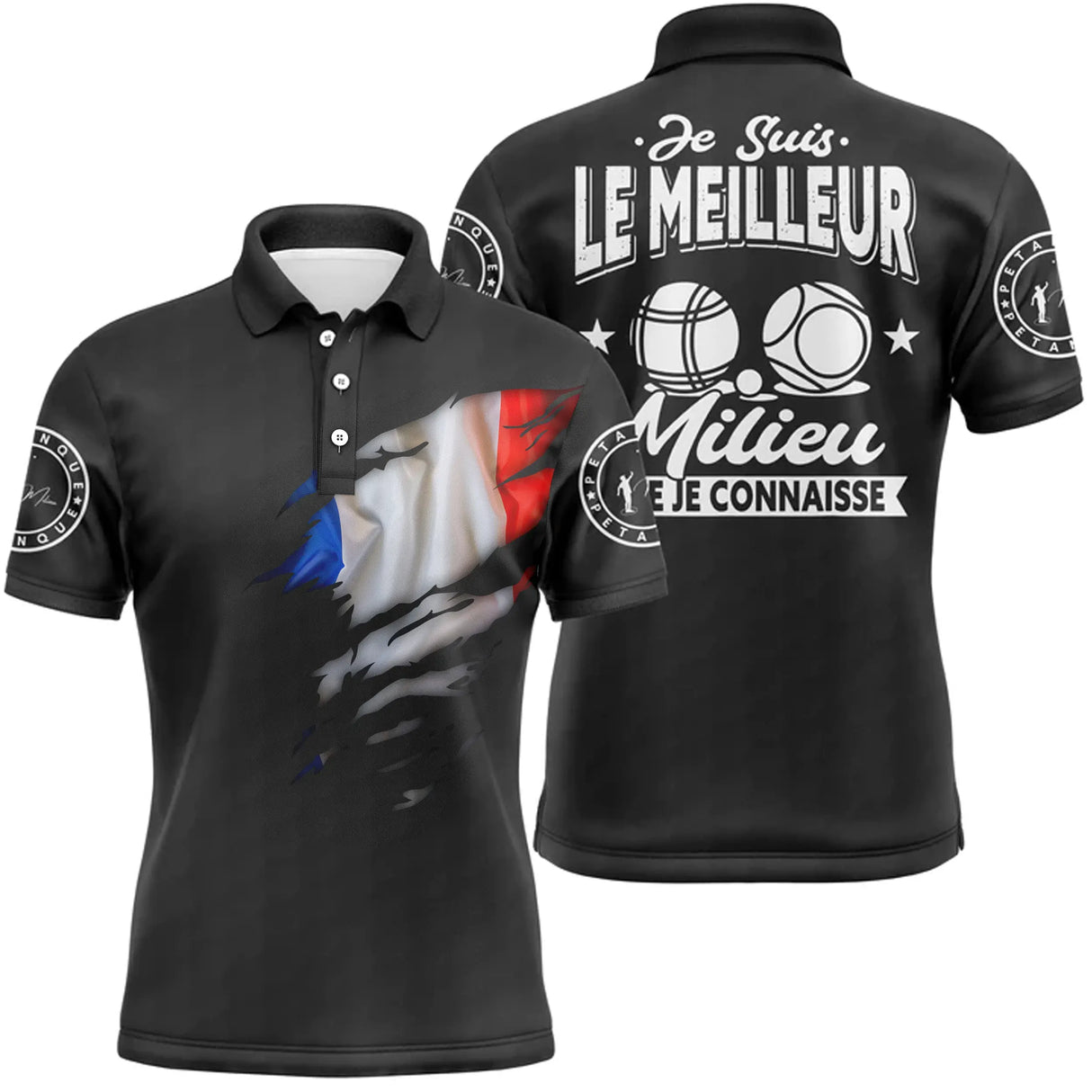 Polo pétanque tricolore France blanc bleu rouge, design meilleur milieu que je connaisse