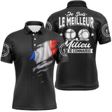 Polo pétanque tricolore France blanc bleu rouge, design meilleur milieu que je connaisse