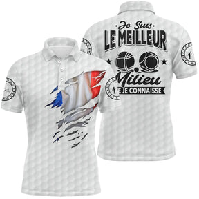 Polo pétanque blanc avec drapeau France déchiré et slogan Je suis le meilleur milieu, boules graphiques centrales
