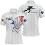 Polo pétanque blanc avec drapeau France déchiré et silhouette de bouliste en lancer, motif balle de golf et prénom