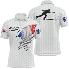 Polo pétanque blanc avec drapeau France déchiré et silhouette de bouliste en lancer, motif balle de golf et prénom