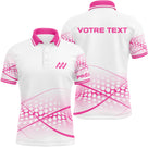 Polo sport personnalisé homme rose et blanc avec courbes roses et motif points dégradés, logo équipe et texte au dos
