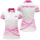 Polo sport personnalisé femme rose et blanc en coupe ajustée avec motif points roses et marquage texte personnalisé