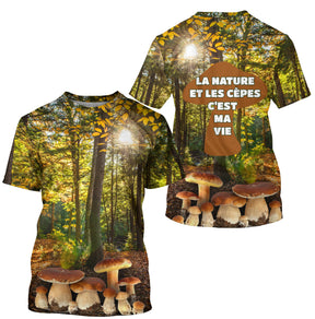 T-shirt all-over unisexe avec forêt automne et cèpes, slogan La nature et les cèpes c'est ma vie