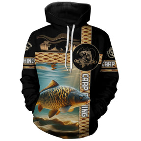 Sweat à capuche pêche carpe noir motif carpe miroir dorée bronze all-over personnalisé prénom carpiste