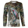 T-shirt manches longues pêche truite all-over camouflage forêt motif truite arc-en-ciel prénom personnalisé