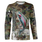 T-shirt manches longues pêche truite all-over camouflage forêt motif truite arc-en-ciel prénom personnalisé