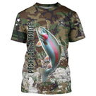 T-shirt pêche truite all-over camouflage forêt vert brun motif truite arc-en-ciel rose argentée prénom personnalisé moucheur
