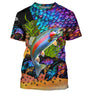 T-shirt all-over peau de truite arc-en-ciel iridescent violet vert orange écailles mouches artificielles, vue de face