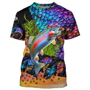 T-shirt all-over peau de truite arc-en-ciel iridescent violet vert orange écailles mouches artificielles, vue de face