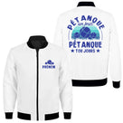 Veste zippée pétanque blanche avec slogan Pétanque un jour toujours boules et étoiles