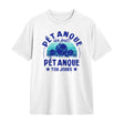T-shirt pétanque blanc avec slogan Pétanque un jour Pétanque toujours boules et étoiles