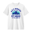 T-shirt pétanque blanc avec slogan Pétanque un jour Pétanque toujours boules et étoiles