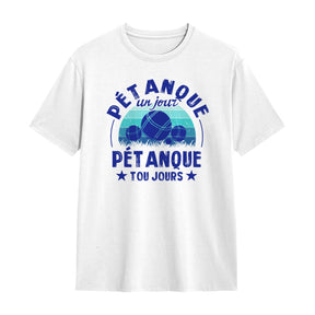 T-shirt pétanque blanc avec slogan Pétanque un jour Pétanque toujours boules et étoiles