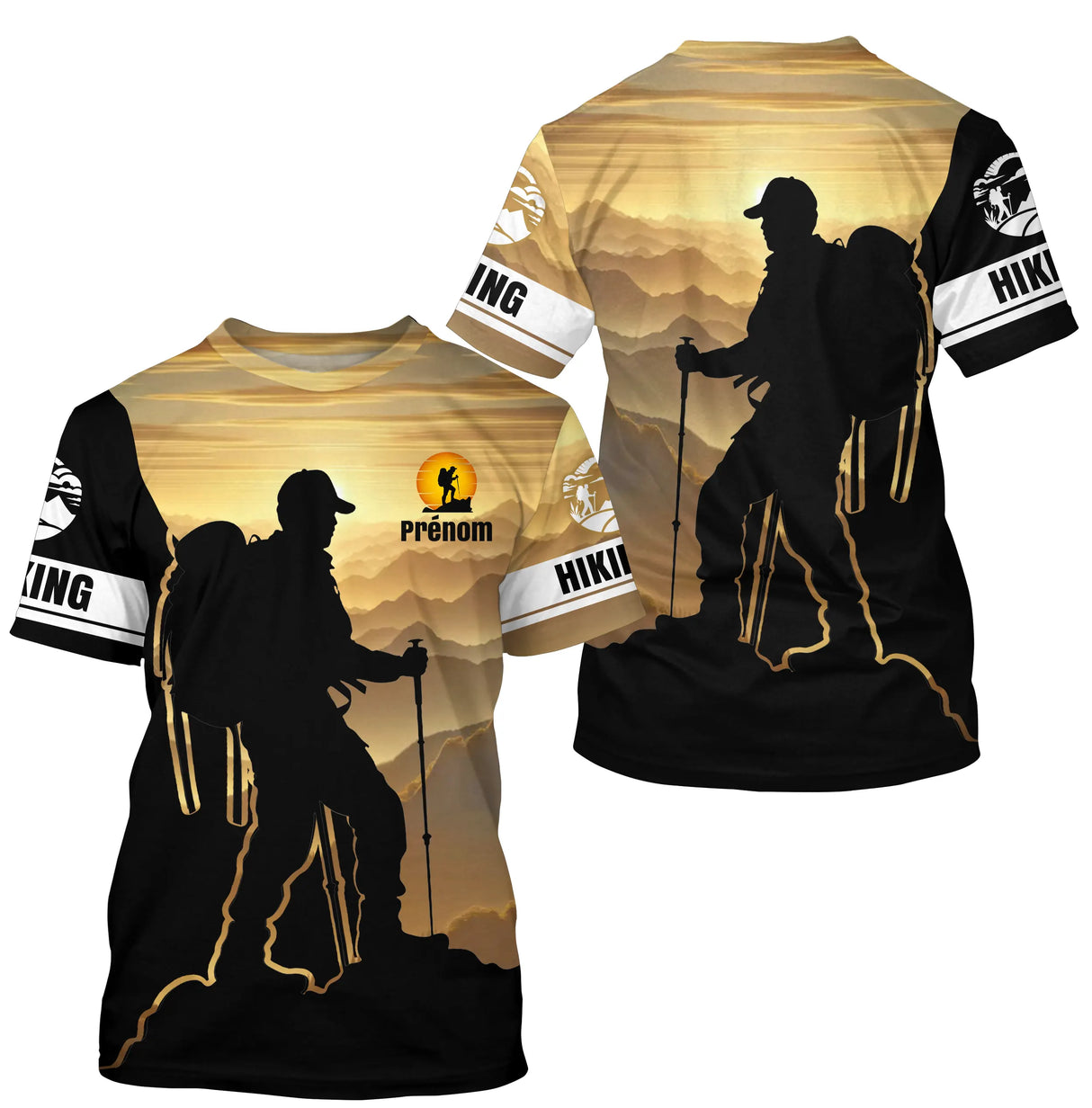 T-shirt randonnée Hiking personnalisé noir et jaune ambré avec randonneur silhouette et montagnes