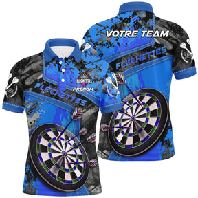 Polo fléchettes bleu et noir homme all-over avec cibles et inscription FLÉCHETTES, prénom et équipe personnalisés