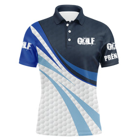 Polo golf bleu marine et blanc homme avec inscription GOLF, balle de golf et motif swing, prénom personnalisé