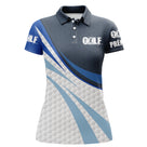 Polo golf bleu marine et blanc femme avec GOLF, balle blanche et swing dynamique, prénom personnalisé