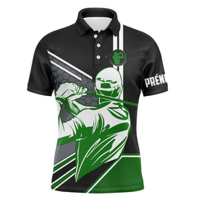 Polo golf noir et vert homme avec silhouette de golfeur en swing et motif terrain vert, prénom personnalisé