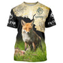 T-shirt chasse renard camouflage forêt avec renard roux assis et lettrage J'peux pas j'ai chasse, design all-over
