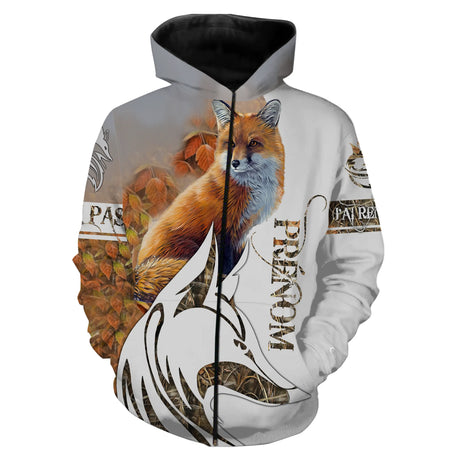 Sweater chasse renard roux all-over orange beige, marquage prénom pour passionné régulation
