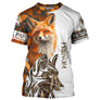 T-shirt chasse renard personnalisé camouflage orange avec renard roux et tête graphique, prénom imprimé central