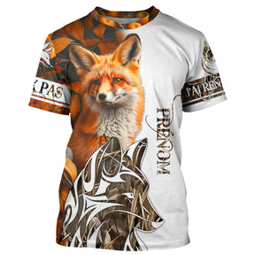 T-shirt chasse renard personnalisé camouflage orange avec renard roux et tête graphique, prénom imprimé central
