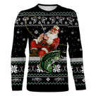 Sweater Noël Père Noël pêche jacquard noir rouge, coupe unisexe humour halieutique pour famille