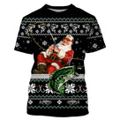 Pull Noël noir avec Père Noël pêcheur sur boîte cadeau et gros poisson au crochet, motifs jacquard cannes à pêche
