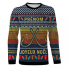 Sweater Noël personnalisé pêcheur jacquard bleu, coupe unisexe avec prénom imprimé pour famille halieutique