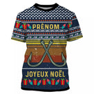 Pull Noël personnalisé bleu marine avec crochets de pêche dorés croisés et lettrage Prénom Joyeux Noël jacquard