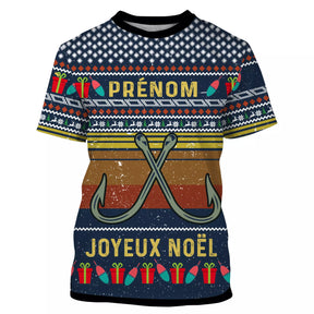 Pull Noël personnalisé bleu marine avec crochets de pêche dorés croisés et lettrage Prénom Joyeux Noël jacquard