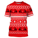 Pull Noël rouge cerf jacquard scandinave avec silhouettes cerfs bondissants alignés et flocons étoilés blancs