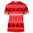 Pull Noël rouge cerf jacquard scandinave avec silhouettes cerfs bondissants alignés et flocons étoilés blancs