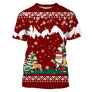 Pull Noël rouge bordeaux avec Père Noël poursuivant un cerf en montagne enneigée, sapins et flocons jacquard