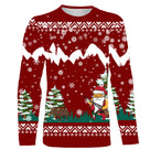 Sweater Noël Père Noël chasse sanglier jacquard rouge, coupe unisexe humour pour chasseur grand gibier
