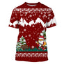 Pull Noël rouge bordeaux avec Père Noël poursuivant un sanglier en montagne enneigée, sapins et flocons jacquard