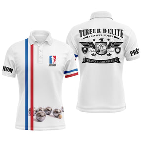 Polo pétanque blanc tricolore rayures bleu blanc rouge message tireur d'élite pointeur expert PRÉNOM personnalisé
